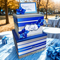 Birthday Card Box, Royal Blue, Silver, White