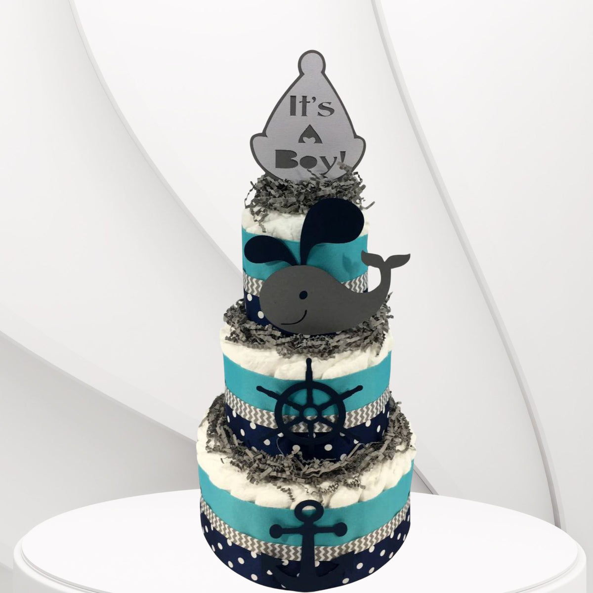 3 Tier Diaper Cake high quality - Nautical Theme - Navy Blue and White Ship and Anchor, Ahoy its a Boy Diaper Cake Baby Shower Centerpiece