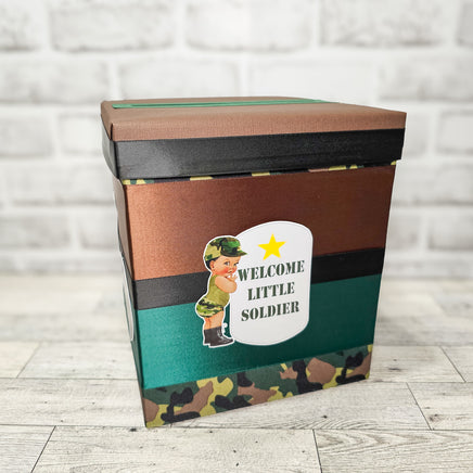 Little Soldier Camouflage Boy Baby Shower Card Box, Black Hair