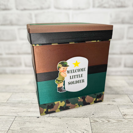 Little Soldier Camouflage Boy Baby Shower Card Box, Brown Hair