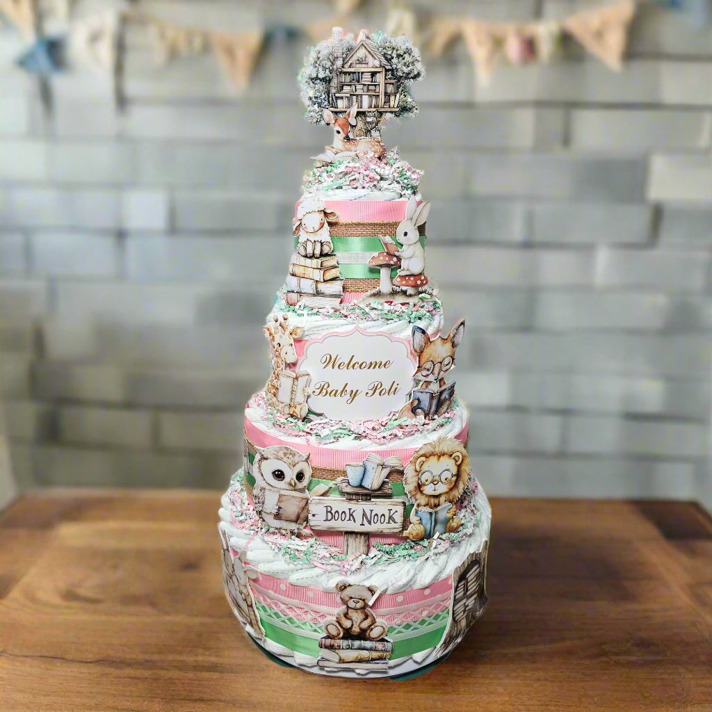 Storybook Diaper Cake Centerpiece, Pink, Mint, Brown| Nepheryn Party