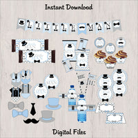 Little Man Printable Party Decorations - Light Blue, Gray, Black