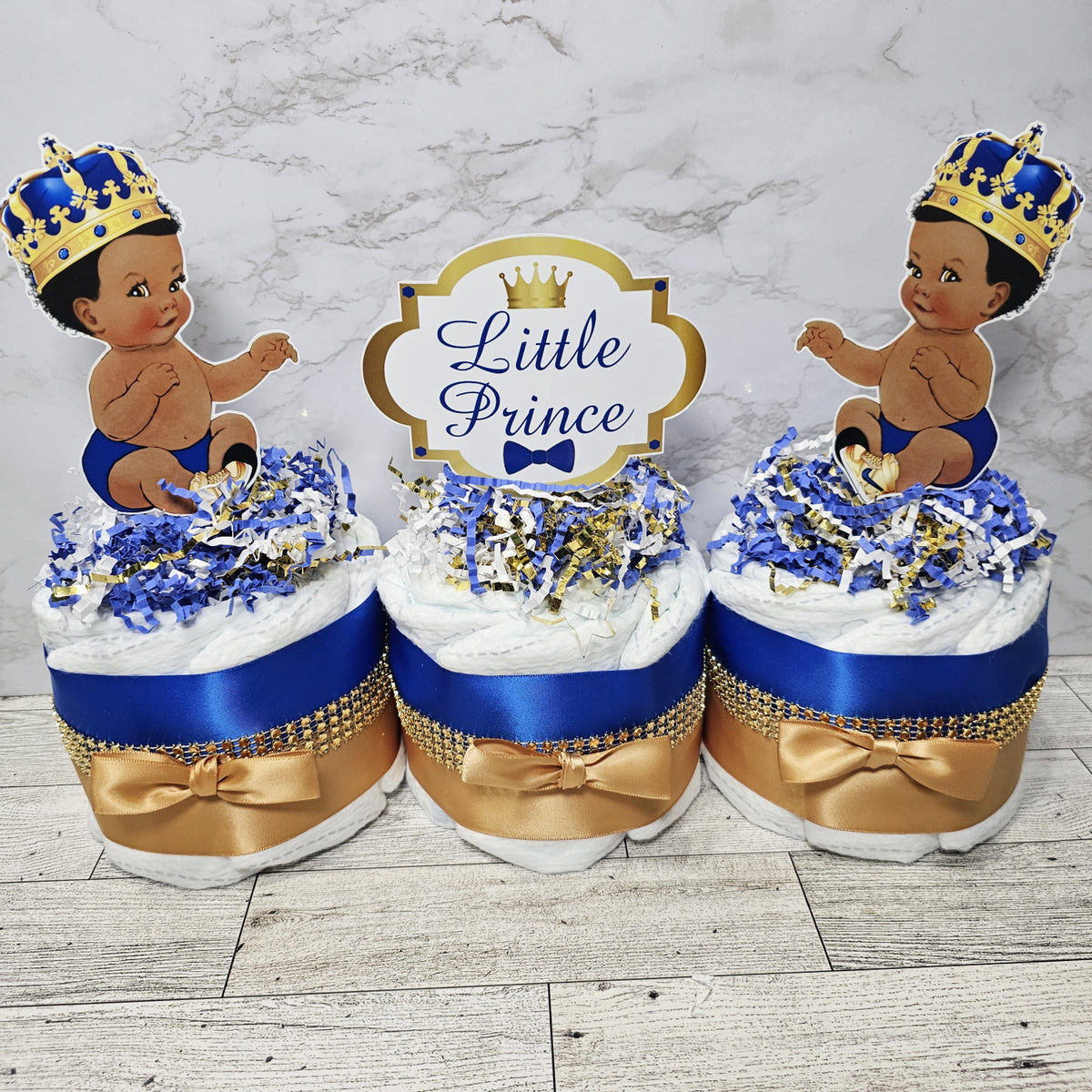 3 Tier Diaper Cake - Blue and Gold Prince Theme Diaper Cake for Baby Shower Centerpiece / Royal orders Prince Baby Shower / Prince Diaper Cake