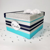 Turquoise, Navy, Silver Birthday or Wedding Card Box