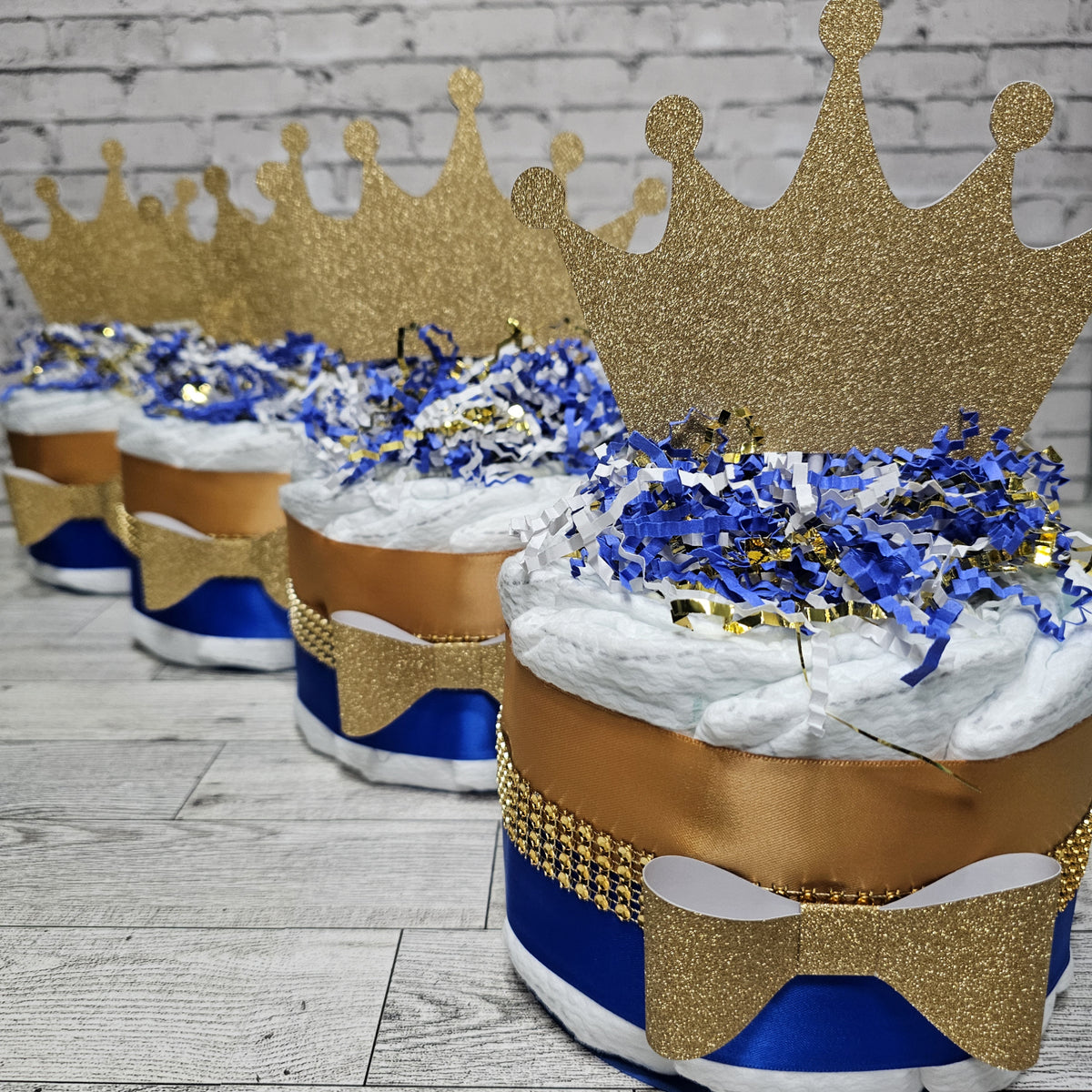 3 Tier Diaper Cake - Blue and Gold Prince Theme Diaper Cake for Baby Shower Centerpiece / Royal orders Prince Baby Shower / Prince Diaper Cake