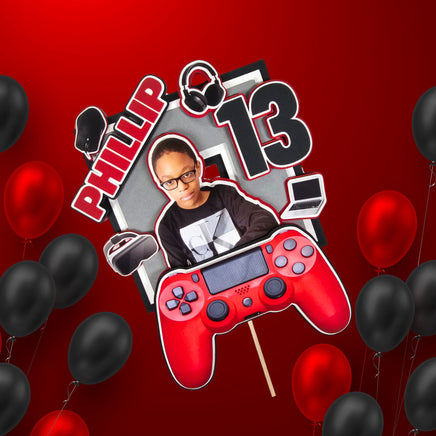 Red and Black Gaming 3D Birthday Photo Cake Topper