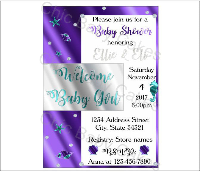 Purple & Silver Mermaid Baby Shower Invite