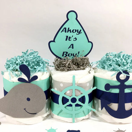 Aqua, Navy, & Gray Nautical Baby Shower Diaper Cake Centerpiece