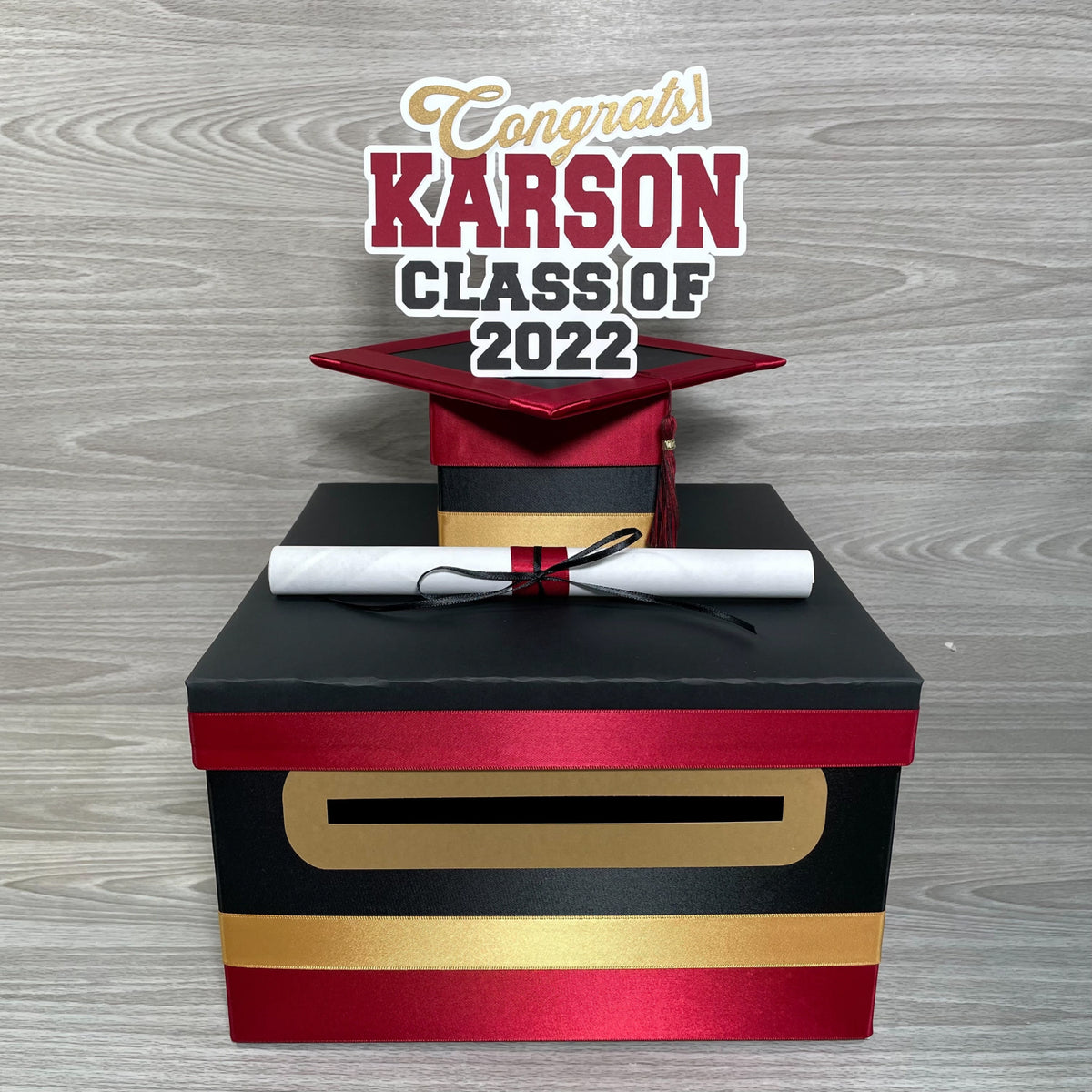 Graduation Card Box - Black, Scarlet, Old Gold 10x10 