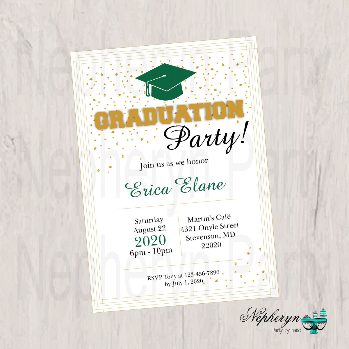 Green, Gold, & White Graduation Invite| Nepheryn Party