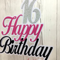 Happy Birthday Cake Topper - Pink, Black, Silver