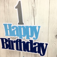 Happy Birthday Cake Topper - Navy, Light Blue, Gray