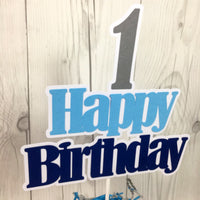Happy Birthday Cake Topper - Navy, Light Blue, Gray