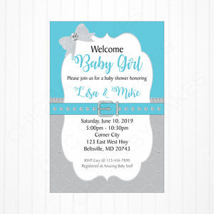 Blue & Silver Girl Baby Shower Invite