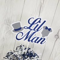 Navy, Gray, and White Little Man Cake Topper for a Boy Baby Shower or Birthday Party