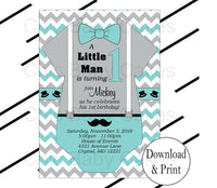 Teal & Gray Little Man Onesie Birthday Invite