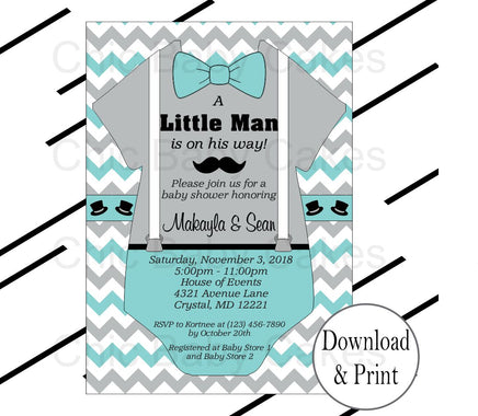 Teal & Gray Little Man Onesie Baby Shower Invite