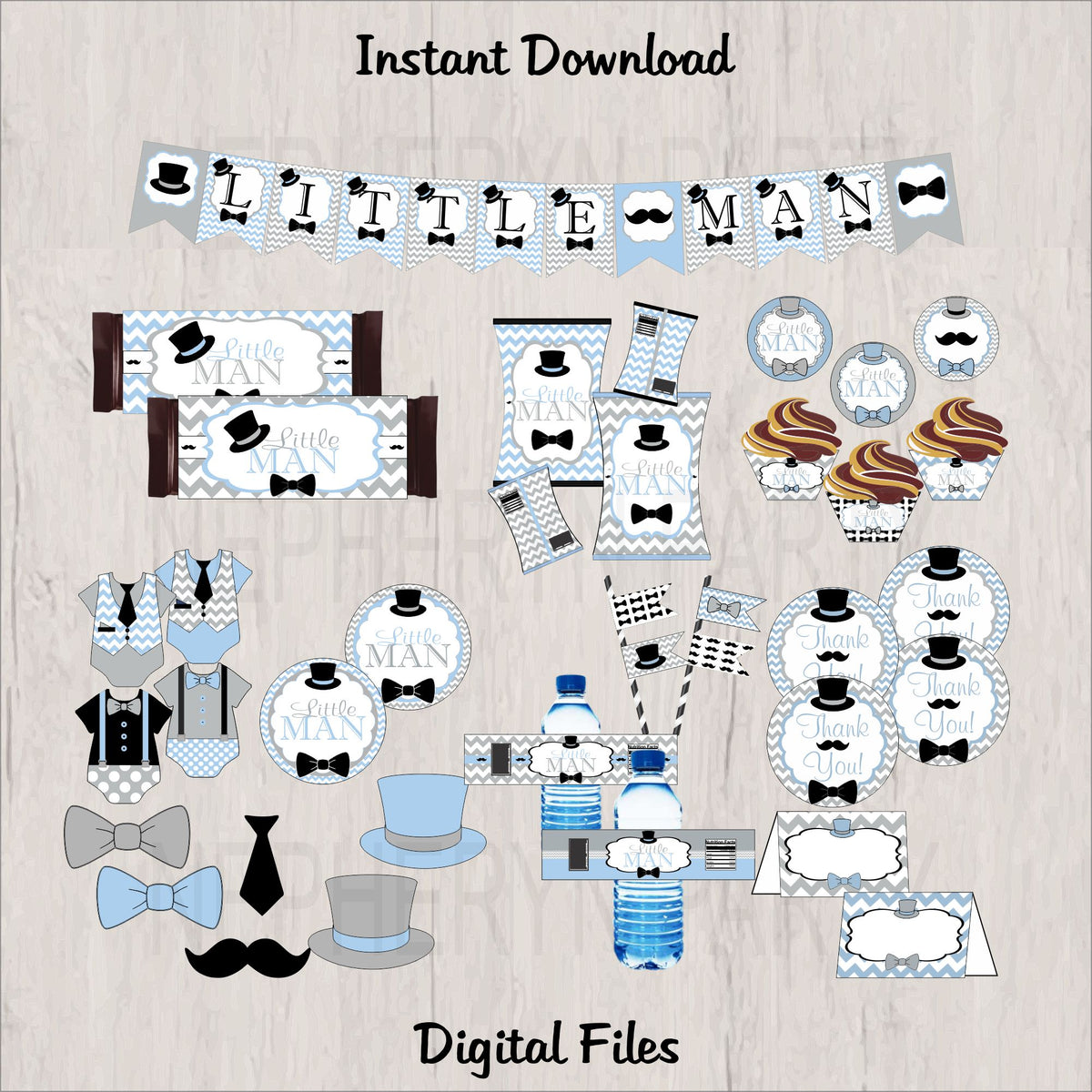 Little Man Printable Party Decorations - Light Blue, Gray, Black ...