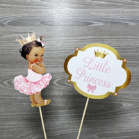 Pink & Gold Little Princess Cake Topper, Brown Hair
