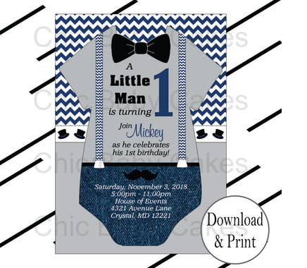 Navy & Gray Little Man Onesie Birthday Invite