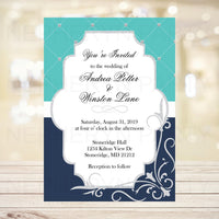 Navy, Teal, & Silver Wedding Invitation