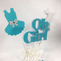 Oh Girl 1st Birthday Centerpiece Sticks - Turquoise Teal & Silver