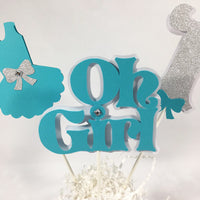 Oh Girl 1st Birthday Centerpiece Sticks - Turquoise Teal & Silver