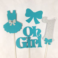 Oh Girl 1st Birthday Centerpiece Sticks - Turquoise Teal & Silver