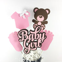 Pink & Brown Baby Girl Bear Centerpiece Sticks