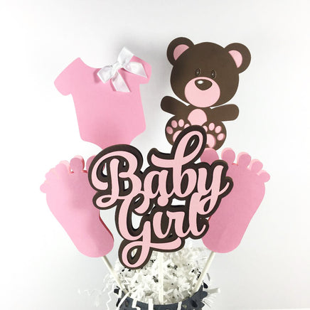 Pink & Brown Baby Girl Bear Centerpiece Sticks
