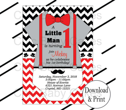 Red, Black, & Grady Little Man Onesie Birthday Invite
