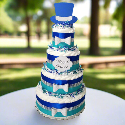 Royal Blue, Teal, & Silver Prince Baby Shower Diaper Cake