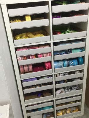 Kallax ribbon storage shelf with drawers