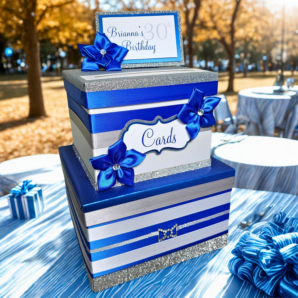 Birthday Card Box, Royal Blue, Silver, White