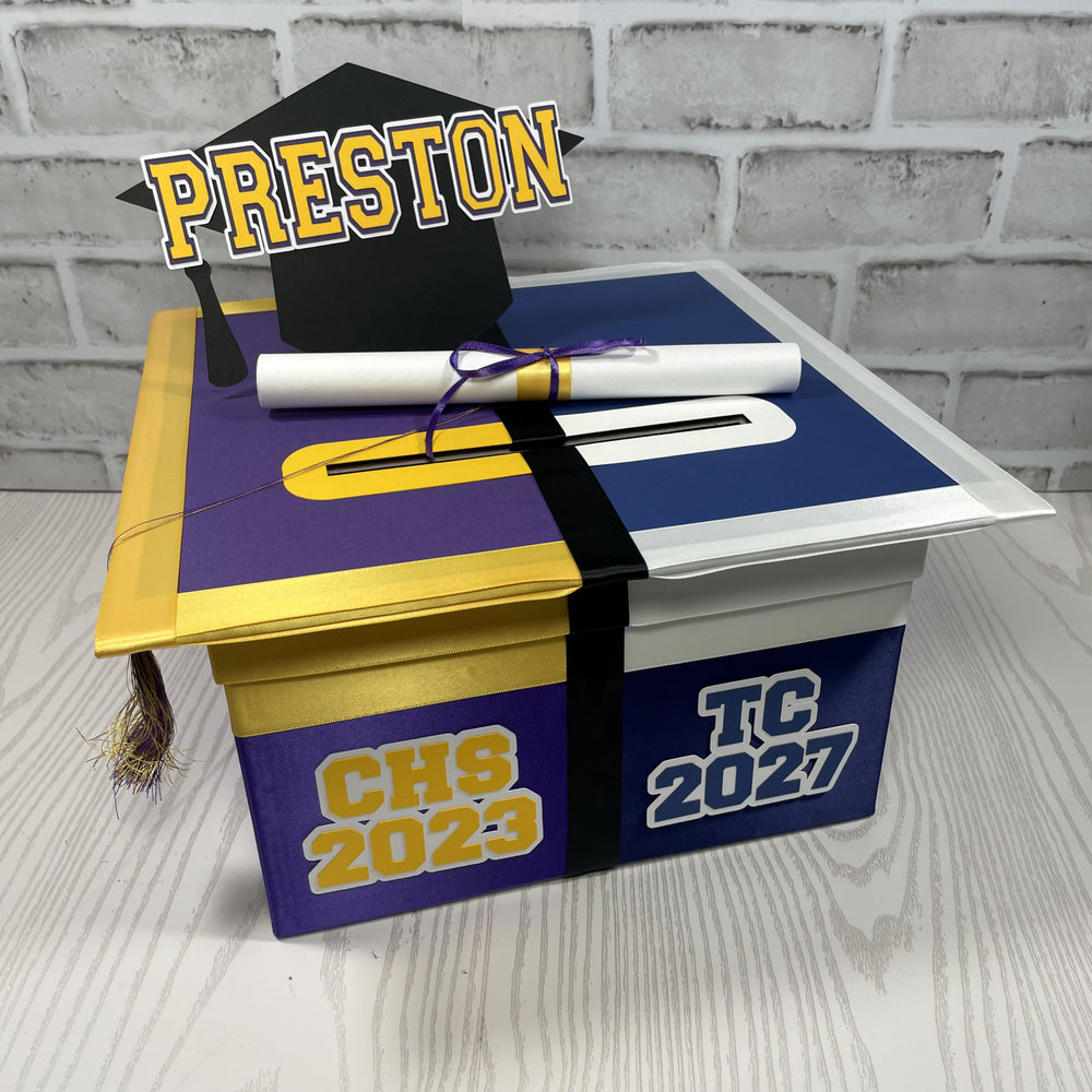 High School to Graduation Card Box, 10x10 - Purple, Yellow, Blue, White