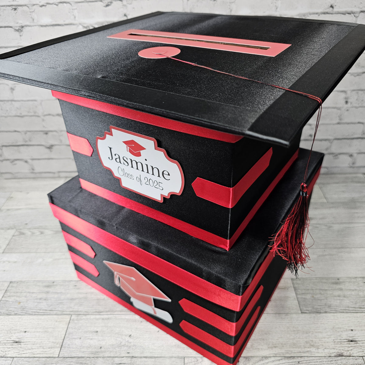 Doctorate Graduation Card Box - Black, Red 2-Tier