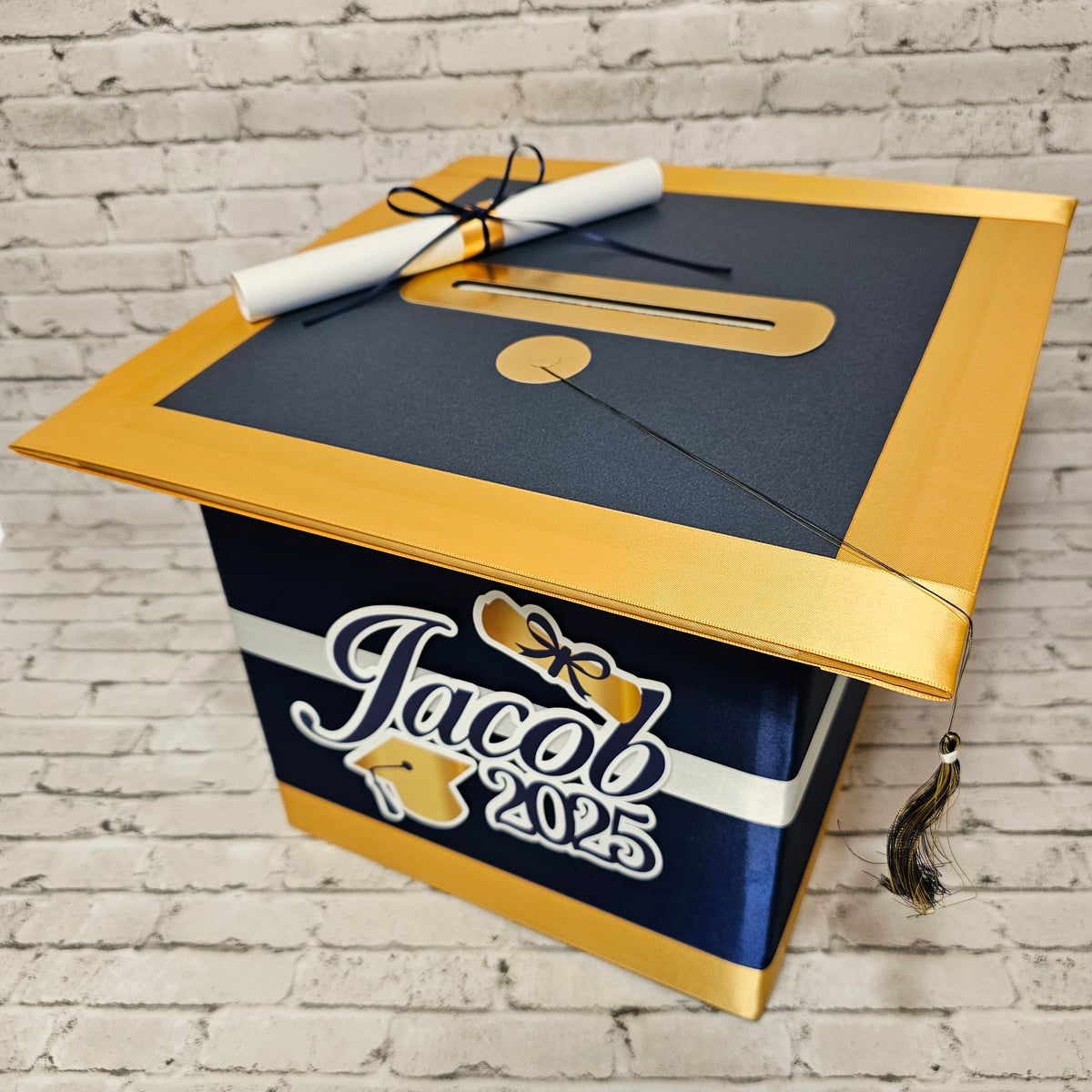 Large Graduation Cap Card Box, Navy, Old Gold, White