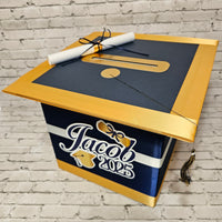 Large Graduation Cap Card Box - Navy, Old Gold, White 10x10x10
