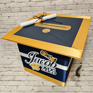 Large Graduation Cap Card Box - Navy, Old Gold, White 10x10x10