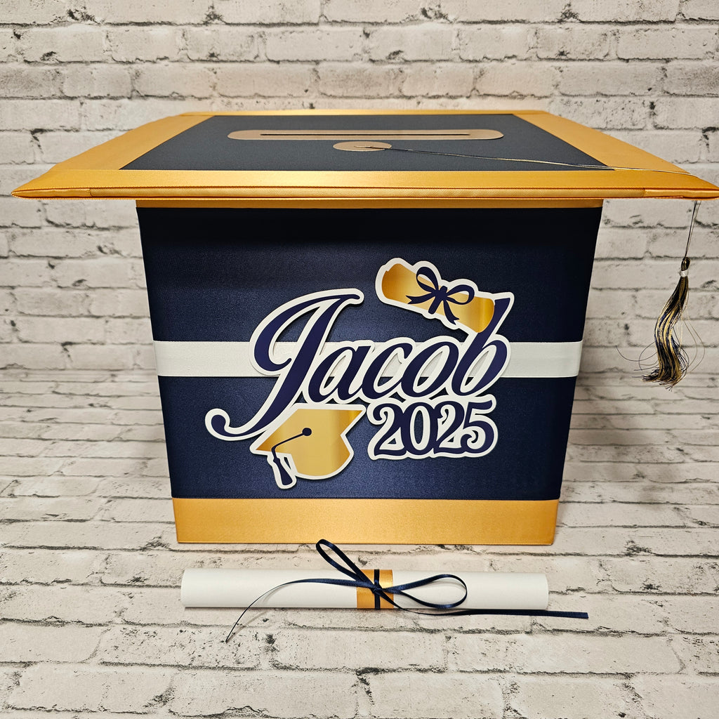 Large Graduation Cap Card Box, Navy, Old Gold, White