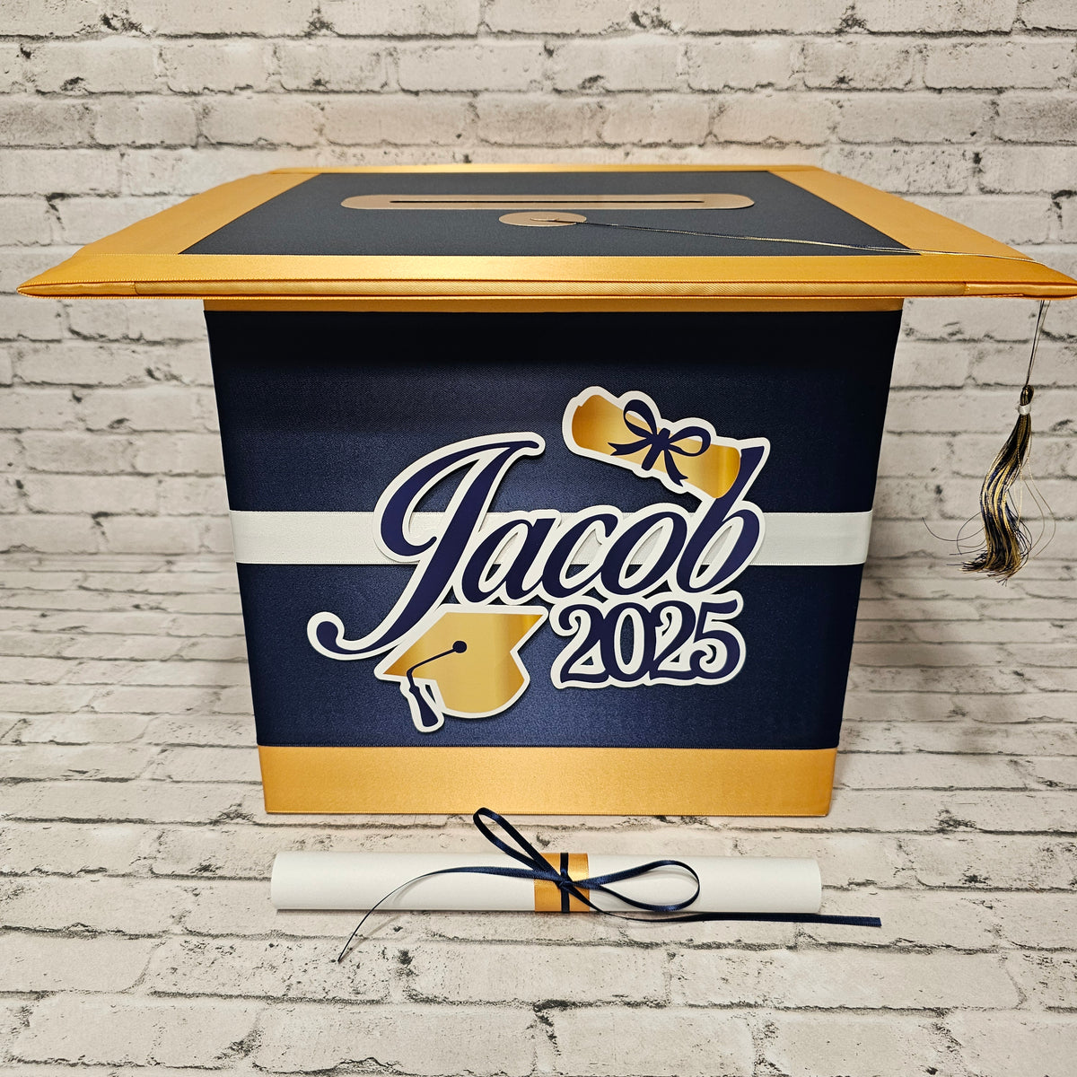 Large Graduation Cap Card Box, Navy, Old Gold, White