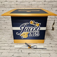 Large Graduation Cap Card Box - Navy, Old Gold, White 10x10x10
