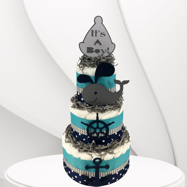 Navy, Teal, and Gray Nautical Diaper Cake Centerpiece