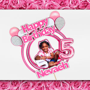 Pink and Silver 3D Happy Birthday Photo Cake Topper