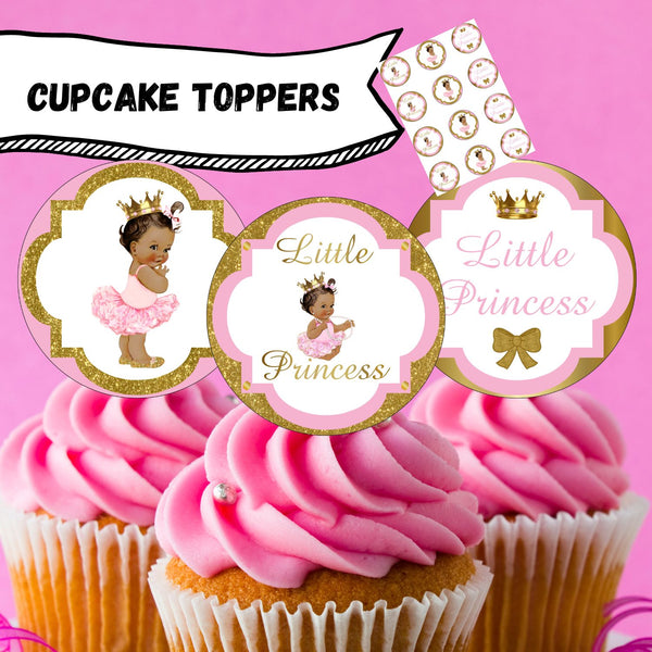 Pink and Gold Little Princess Cupcake Toppers, Brown Hair