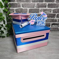Graduation Card Box, Royal Blue, Pink, White 10x10