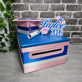 Graduation Card Box, Royal Blue, Pink, White 10x10