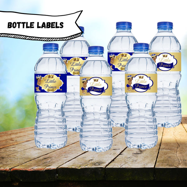 Royal Blue and Gold Little Prince Water Bottle Labels Curly