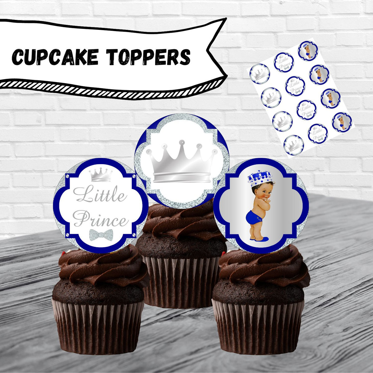 Royal Blue and Silver Little Prince Cupcake Toppers Brown