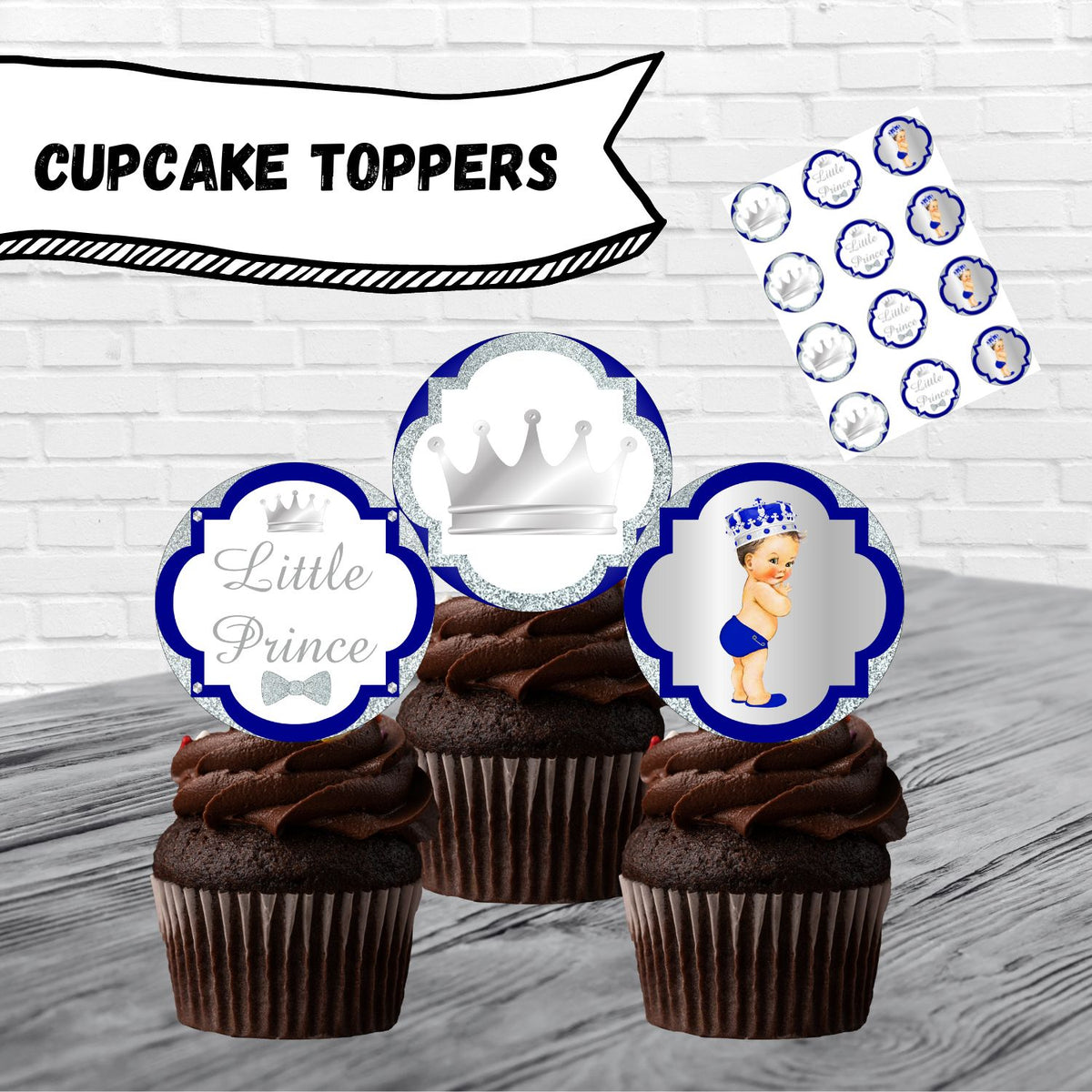 Royal Blue and Silver Little Prince Cupcake Toppers Brunette